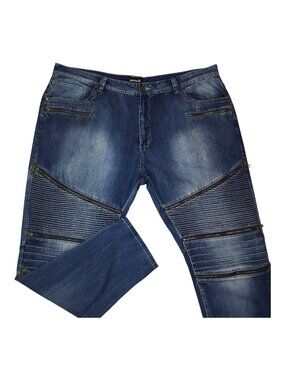 Makobi Mens Denim Jeans 48 X 33 Blue With Zipper Details & Pin Tucks